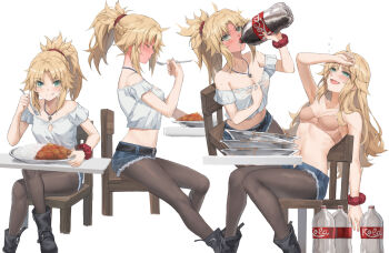 1girl absurdres bare_shoulders blonde_hair blush bottle bra braid breasts brown_bra brown_pantyhose chair cola commentary_request curry curry_rice denim denim_shorts drinking fate/apocrypha fate_(series) food glutton green_eyes hair_ornament hair_scrunchie half_up_braid highres licking_lips long_hair looking_at_viewer mordred_(fate) multiple_views navel open_mouth pantyhose parted_bangs ponytail red_scrunchie rice scrunchie shorts sidelocks sitting small_breasts smile soda_bottle tonee tongue tongue_out underwear variant_set