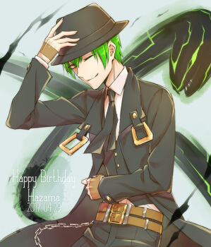 Rule 34 | 1boy, blazblue, blazblue: calamity trigger, blazblue: central fiction, blazblue: chronophantasma, blazblue: continuum shift, english text, fedora, fingerless gloves, gloves, green eyes, hat, hazama, jacket, male focus, one eye closed, potato (oriha94), solo