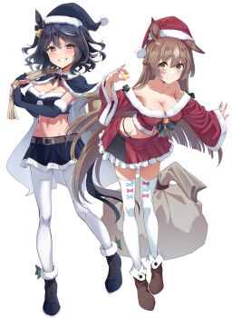 2girls :d absurdres alternate_costume animal_ears ankle_boots aqua_bow bandeau bell belt black_bandeau black_boots black_capelet black_gloves black_hair black_hat black_panties black_skirt boots bow bow_legwear braid breasts brown_belt brown_boots brown_eyes brown_hair capelet christmas cleavage closed_mouth collarbone commentary ear_bow elbow_gloves fingerless_gloves frilled_skirt frills full_body fur-trimmed_capelet fur-trimmed_headwear fur_trim gloves green_bow grin hair_between_eyes half_up_braid hat highleg highleg_panties highres holding holding_sack horse_ears horse_girl horse_tail kitasan_black_(umamusume) leaning_forward liking long_hair medium_breasts medium_hair miniskirt multiple_girls navel off-shoulder_shirt off_shoulder open_mouth outstretched_arm panties pantyhose pleated_skirt purple_bow red_eyes red_hat red_shirt sack santa_costume satono_diamond_(umamusume) shirt simple_background skirt smile standing tail thighhighs umamusume underwear white_background white_pantyhose white_thighhighs wide_sleeves