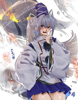 1girl blood blood_on_face blue_eyes blue_skirt broken_glass closed_eyes closed_mouth commentary_request cowboy_shot crying different_reflection fire glass grey_hair hair_intakes hand_up hat highres holding holding_ofuda japanese_clothes kariginu light_blush long_hair long_sleeves looking_at_viewer mononobe_no_futo multiple_views ofuda open_mouth pleated_skirt pom_pom_(clothes) ponytail reflection ribbon ribbon-trimmed_sleeves ribbon_trim skirt sleeves_past_fingers sleeves_past_wrists smile streaming_tears tate_eboshi tears touhou translation_request uneven_eyes v-shaped_eyebrows white_background wide_sleeves yukine_0930