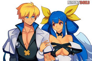 1boy 1girl absurdres bare_shoulders black_shirt blue_eyes blue_hair breasts cleavage commentary couple detached_sleeves dizzy_(guilty_gear) english_commentary guilty_gear hetero highres husband_and_wife jacket jacket_on_shoulders ky_kiske large_breasts locked_arms long_hair looking_at_another muscular muscular_male red_eyes revealing_clothes shirt short_hair smgold upper_body white_jacket white_sleeves white_wings wings