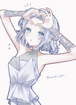 Rule 34 | 1girl, :o, armpits, arms up, blue eyes, blush, braid, collarbone, commentary request, flying sweatdrops, forehead, gakuen idolmaster, grey hair, half up braid, heart, heart hands, idolmaster, jewelry, katsuragi lilja, kyonu, looking at viewer, notice lines, official alternate costume, ring, shirt, short hair, simple background, sleeveless, sleeveless shirt, solo, twitter username, upper body, white background, white shirt