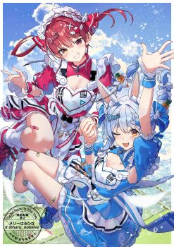 2girls :d ;d absurdres animal_ears apron armpit_cutout blue_dress blue_hair blue_shoes blue_sky braid breasts carrot_hair_ornament cleavage_cutout clothing_cutout cloud commentary_request cumulonimbus_cloud day dress falling_feathers feathers floating_hair food-themed_hair_ornament grin hair_ornament hair_ribbon haruhina_purple heart_apron heterochromia highres hikimayu holding_hands hololive hololive_3rd_generation_live_outfit houshou_marine jersey_maid leg_warmers long_hair looking_at_viewer maid maid_headdress medium_breasts midair multicolored_hair multiple_girls one_eye_closed open_mouth orange_eyes outdoors puffy_short_sleeves puffy_sleeves rabbit-shaped_pupils rabbit_ears rabbit_girl red_dress red_eyes red_hair red_ribbon red_shoes ribbon shoes short_eyebrows short_sleeves sky small_breasts smile sneakers swept_bangs symbol-shaped_pupils thick_eyebrows twin_braids twintails two-tone_hair unconventional_maid usada_pekora virtual_youtuber white_apron white_hair white_leg_warmers wrist_cuffs yellow_eyes
