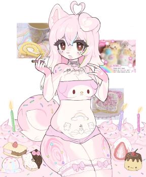 1girl animal_ears animal_print animal_tattoo birthday_cake blue_hair blue_nails breasts brown_eyes cake candle cat_tattoo character_print cherry chocolate_donut cleavage collar cookie dessert dog_ears dog_girl donut drink_request fire food fruit green_hair heart heart_tattoo highres ice_cream ice_cream_sandwich icing kiki_(little_twin_stars) lala_(little_twin_stars) little_twin_stars medium_breasts multicolored_fur multicolored_hair my_melody my_melody_(series) nail_polish on_food original pink_collar pink_fur pink_hair plushvampy pubic_tattoo pudding purple_hair rabbit_print rainbow_tattoo sanrio sitting_on_food solo sprinkles strapless strawberry streaked_hair sweets swiss_roll tattoo thick_eyebrows tube_top two-tone_fur whipped_cream white_fur yellow_nails