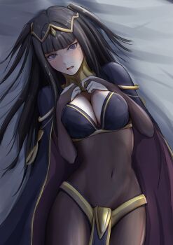 1girl @_@ absurdres black_cape blunt_bangs blush bodystocking breasts bridal_gauntlets cape cleavage commentary_request covered_navel embarrassed fire_emblem fire_emblem_awakening flying_sweatdrops hair_ornament hands_on_own_chest hands_up hgus5855 highres jewelry large_breasts long_hair looking_at_viewer lying nervous nintendo on_bed open_mouth purple_eyes solo sweat tharja_(fire_emblem) two_side_up