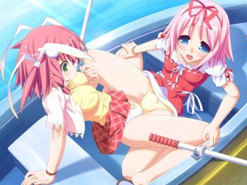 Rule 34 | 2girls, aikawa hinae, blue eyes, boat, clothed sex, clothes lift, female focus, game cg, green eyes, legs, mitsusawa yuzuki, mizuki maru, multiple girls, open mouth, outdoors, panties, pink hair, red skirt, shiny skin, sitting, skirt, skirt lift, tears, thirua panic, torogao, tribadism, two side up, underwear, watercraft, white panties, yellow panties, yuri