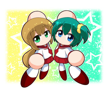 2girls arm_up asouuuu blonde_hair blue_eyes border brown_shoes green_eyes green_hair hair_ornament hair_scrunchie jikkyou_powerful_pro_yakyuu jikkyou_powerful_pro_yakyuu_(style) kawata_yurari long_hair looking_at_viewer low_ponytail multicolored_shoes multiple_girls nanashima_asami necktie no_mouth one_side_up outside_border pleated_skirt ponytail power_pro_kun_pocket power_pro_kun_pocket_13 rayman_limbs red_necktie red_sailor_collar red_skirt sailor_collar school_uniform scrunchie shirt shoes short_hair skirt star_(symbol) white_border white_shirt white_shoes