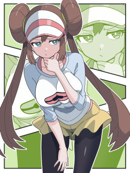 1girl black_pantyhose blue_eyes breasts brown_hair commentary_request donut_hair_bun green_background hair_bun highres kanbei_(pixiv11037490) large_breasts long_hair long_sleeves nintendo pantyhose pokemon pokemon_bw2 raglan_sleeves rosa_(pokemon) shirt shorts solo twintails visor_cap yellow_shorts zoom_layer