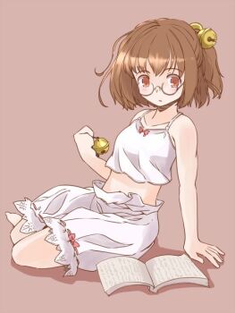 1girl bare_shoulders bell bloomers book bow brown_background brown_hair camisole collarbone commentary_request full_body hair_bell hair_half_undone hair_ornament holding holding_bell knees looking_down midriff motoori_kosuzu navel_peek open_book orange_eyes rangycrow red_bow red_ribbon ribbon ribbon-trimmed_bloomers ribbon_trim round_eyewear short_hair sitting solo touhou twintails underwear underwear_only white_bloomers white_camisole yokozuwari