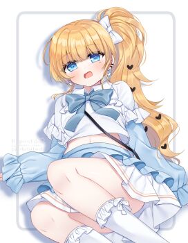 1girl blonde_hair blue_eyes blue_ribbon blue_skirt book_off bow breasts commentary_request earrings feet_out_of_frame frilled_shirt frilled_sleeves frilled_socks frills hair_bow hair_ornament heart heart_earrings heart_hair_ornament highres jewelry layered_skirt leaning_back long_hair long_sleeves looking_at_viewer mahou_shoujo_no_majo_saiban midriff mole mole_under_eye neck_ribbon official_alternate_costume official_alternate_hairstyle open_mouth ribbon saeki_miria shikito_(yawa0w0) shirt side_ponytail sitting skirt socks solo white_background white_shirt white_socks