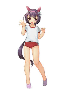 Rule 34 | 1girl, absurdres, animal ears, brown hair, buruma, commentary request, ear covers, full body, grey socks, gym shirt, gym uniform, hairband, highres, horse ears, horse girl, horse tail, nishino flower (umamusume), open mouth, pink hairband, purple eyes, red buruma, shirt, short hair, simple background, smile, socks, solo, t-shirt, tail, umamusume, white background, white shirt, yashin (yasinz)