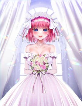 1girl absurdres backlighting bare_shoulders blue_eyes blunt_bangs bouquet breasts cleavage collarbone commentary compilation dress flower foreshortening go-toubun_no_hanayome highres holding holding_bouquet jewelry kurosaki_coco large_breasts looking_at_viewer nakano_nino necklace pearl_necklace pink_hair ribbon rose short_hair smile solo tearing_up teeth upper_teeth_only wedding_dress white_dress white_flower white_ribbon white_rose window