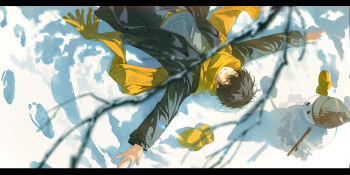 1boy black_hair blurry blurry_foreground branch coat hair_between_eyes hat highres jacket letterboxed long_sleeves lying male_focus on_back open_clothes open_jacket original outstretched_arms pants scarf short_hair smile snow snowman solo unworn_hat unworn_headwear winter winter_clothes winter_coat winter_uniform xiaojiaju yellow_scarf