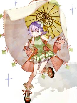 1girl commentary_request dress fate/grand_order fate_(series) flower green_dress hair_flower hair_ornament highres holding holding_umbrella kanita_akashi kazuradrop_(fate) kazuradrop_(third_ascension)_(fate) oil-paper_umbrella purple_eyes purple_hair sandals tongue tongue_out umbrella