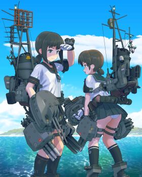 2girls 3d 551 adapted_turret anchor_symbol black_eyes black_hair black_sailor_collar black_skirt black_socks blue_sailor_collar blue_skirt blue_sky cloud day feet_out_of_frame fubuki_(kancolle) full_body gloves gradient_sky highres kantai_collection kneehighs leaning_forward low_ponytail machinery mast mountain multiple_girls outdoors panties pantyshot pleated_skirt ponytail remodel_(kantai_collection) sailor_collar scenery school_uniform serafuku shading_eyes shirayuki_(kancolle) short_ponytail sidelocks skirt sky smokestack socks standing torpedo_launcher twitter_username underwear water white_gloves white_panties