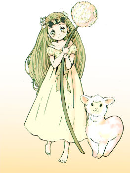 1girl baby_animal barefoot blush clover_(flower) dress flower full_body green_eyes green_theme hanamoto_hagumi head_wreath highres holding holding_flower honey_and_clover lamb long_hair monji_(user_gwha3724) oversized_flower sheep smile solo standing