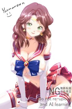 1girl artist_name bishoujo_senshi_sailor_moon blue_bow blush bow breasts brown_hair circlet cleavage closed_mouth commentary_request cosplay_request dorothea_arnault fire_emblem fire_emblem:_three_houses gem green_eyes highres jewelry large_breasts long_hair looking_at_viewer miniskirt navel neck_ring nintendo panties red_gem red_skirt revealing_clothes skindentation skirt smile solo thick_thighs thighs twitter_username underwear upskirt watermark wavy_hair white_panties yanmarson