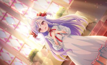 Rule 34 | 1girl, :d, ahoge, blurry, blush, commentary request, dress, frills, game cg, hair ribbon, hands on own chest, highres, indoors, long hair, long sleeves, looking at viewer, multicolored hair, niizuma yae, official art, open mouth, own hands clasped, own hands together, purple hair, red eyes, red ribbon, ribbon, smile, solo, standing, sunlight, third-party source, two side up, very long hair, white dress, window, world dai star