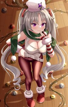 1girl absurdres black_panties black_pantyhose blush breasts christmas christmas_ornaments cleavage cleavage_cutout clothes_lift clothing_cutout commentary_request fake_antlers full_body green_scarf grey_hair hair_ribbon hat helvetica_std highres large_breasts laru_(stella_sora) long_hair looking_at_viewer panties panties_under_pantyhose pantyhose purple_eyes red_ribbon red_shoes ribbon scarf shoes smile socks solo standing stella_sora sweater sweater_lift twintails underwear very_long_hair white_hat white_socks white_sweater wooden_floor
