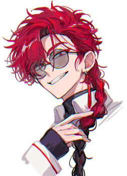 1boy black_shirt braid braided_ponytail collared_shirt commentary_request earrings eyeshadow eyewear_strap fang grin hair_over_shoulder hand_up jacket jewelry long_hair long_sleeves looking_at_viewer makeup male_focus multicolored_hair portrait red_eyes red_eyeshadow red_hair round_eyewear shiguang_dailiren shirt simple_background single_braid single_earring sleeves_past_wrists smile solo sorry_okk sunglasses tassel tassel_earrings teeth turtleneck undershirt upper_body white_background white_shirt xiao_weiying