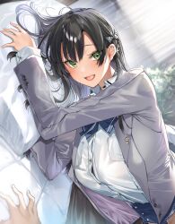 Rule 34 | 1girl, 1other, absurdres, black hair, blazer, blue bow, blue bowtie, bow, bowtie, braid, breasts, button gap, buttons, collared shirt, commentary request, curtains, eyes visible through hair, green eyes, hair bow, heart, heart print, highres, hitotsuba kaede, indoors, jacket, kakao (chocolate land), large breasts, long hair, long sleeves, looking at viewer, lying, novel illustration, official art, on bed, on side, open clothes, open jacket, open mouth, out of frame, pillow, pov, ryoushin no shakkin, school uniform, shirt, solo focus, white bow, white shirt