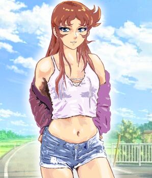 1970s_(style) 1girl bare_shoulders blue_eyes blue_shorts blue_sky breasts cloud day denim denim_shorts eyelashes eyeshadow grass highres jacket legs_apart long_hair makeup maria_grace_fleed mazinger_(series) medium_breasts mizumori_keiichi navel oldschool open_clothes open_jacket outdoors purple_eyeshadow purple_jacket railing red_eyes retro_artstyle road short_shorts shorts sky smile solo standing tank_top tree ufo_robo_grendizer white_tank_top
