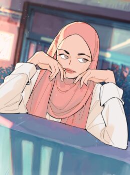 Rule 34 | 1girl, day, dress, grey eyes, highres, hijab, looking to the side, original, outdoors, pink hijab, solo, white dress, winchestermegg