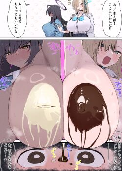 Rule 34 | 1boy, 2girls, 3koma, ahoge, alternate breast size (larger), arm up, armpits, asuna (blue archive), backpack, bag, black hair, blonde hair, blue archive, blue bow, blue bowtie, blue cardigan, blue eyes, blue ribbon, blue skirt, blush, bow, bowtie, breast press, breasts, bright pupils, brown eyes, cardigan, chocolate, chocolate on body, chocolate on breasts, close-up, closed mouth, collared shirt, comic, dark-skinned female, dark chocolate, dark skin, dripping, fang, femdom, food on body, hair over one eye, hair ribbon, half-closed eyes, halo, heart, holding, holding phone, huge breasts, inverted nipples, karin (blue archive), large areolae, long hair, long sleeves, multiple girls, multiple views, nipples, open clothes, open mouth, open shirt, outside border, phone, pleated skirt, presenting armpit, profile, raised inner eyebrows, ribbon, shirt, shirt partially removed, skin fang, skirt, smile, speech bubble, steam, sweat, sweatdrop, unbuttoned, unbuttoned shirt, upper body, white chocolate, white pupils, white shirt, yamadanchi, yellow eyes