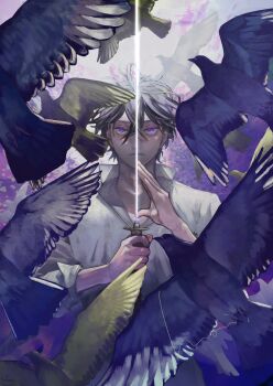 1boy bird black_bird black_hair feathered_wings feathers flock hand_on_blade highres holding holding_sword holding_weapon male_focus mori_hisato original purple_eyes shirt solo sword sword_in_front_of_face weapon white_shirt wings