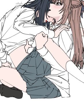 2girls a_jak black_hair black_socks blush braid brown_eyes brown_hair grey_skirt half_up_braid hand_on_another&#039;s_stomach highres long_hair miyagi_shiori multiple_girls open_mouth pleated_skirt school_uniform sendai_hazuki shirt shuuniichido_classmate_wo_kau_hanashi simple_background skirt smile socks white_background white_shirt white_socks yuri