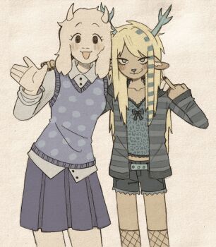 2girls :d aged_down animal_ears antlers arm_around_shoulder black_eyes black_nails blonde_hair blue_bow blue_eyes blue_shirt blue_shorts blue_skirt blue_streaks blue_sweater_vest bow breasts car cardigan carol_holiday collared_shirt commentary cowboy_shot deer_ears deltarune denim denim_shorts english_commentary fishnet_socks fishnets furry furry_female goat_ears goat_girl goat_horns highres horns long_hair looking_at_viewer middle_finger motor_vehicle multicolored_hair multiple_girls open_cardigan open_clothes open_mouth pleated_skirt reindeer_antlers reindeer_girl shirt shorts sidelocks skirt small_breasts smile smirk socks streaked_hair striped_cardigan sweater_vest szivarvanyturmix02 toriel two-tone_hair utdr_(toby_fox) waving white_fur