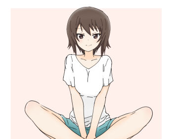 1girl blue_shorts breasts brown_eyes brown_hair commentary_request girls_und_panzer highres large_breasts looking_at_viewer nishizumi_maho shirt short_hair short_sleeves shorts simple_background sitting smile solo t-shirt two-tone_background v_arms wassy_1205 white_shirt