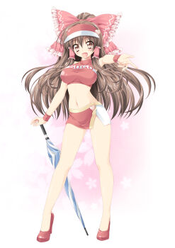 1girl alternate_costume bare_legs blush bow breasts brown_eyes brown_hair character_name closed_umbrella clothes_writing cosplay crop_top female_focus frilled_bow frills full_body future_gpx_cyber_formula hair_bow hair_tubes hakurei_reimu happy high_heels highres kamiya_tomoe large_breasts long_hair microskirt midriff miniskirt navel open_mouth outstretched_arm parasol planted planted_umbrella race_queen red_bow red_shoes shirt shoes side_slit skirt sleeveless sleeveless_shirt smile solo standing sugou_asuka sugou_asuka_(cosplay) taut_clothes taut_shirt touhou umbrella very_long_hair visor_cap wristband