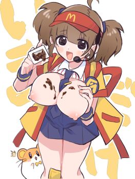 1girl between_breasts blue_necktie blue_skirt breasts brown_hair collared_shirt imadake_dabuchi_tabemi food french_fries hamster highres large_breasts long_hair looking_at_viewer mcdonald&#039;s microphone mochi_riguma necktie necktie_between_breasts nipples open_mouth sauce shirt short_sleeves skirt smile striped_clothes striped_shirt twintails visor_cap