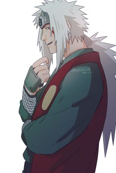 1boy buchimake007 commentary_request facial_mark highres japanese_clothes jiraiya_(naruto) kimono long_hair male_focus naruto_(series) open_clothes open_kimono ponytail solo white_hair