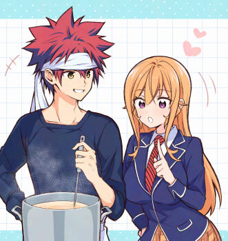 +++ 1boy 1girl black_shirt blonde_hair blue_jacket breasts commentary_request cooking cooking_pot diagonal-striped_clothes diagonal-striped_necktie grid_background grin hair_between_eyes heart highres holding holding_ladle index_finger_raised jacket ladle large_breasts long_hair looking_at_another nakiri_erina necktie open_mouth plaid_clothes plaid_skirt purple_eyes red_hair red_necktie shirt shokugeki_no_souma short_hair skirt sleeves_rolled_up smile spiked_hair steam striped_clothes tootsuki_saryou_ryouri_gakuen_uniform toy-black upper_body white_shirt yellow_eyes yellow_skirt yukihira_souma