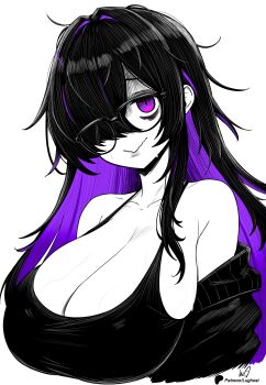 absurdres black_hair black_jacket breasts colored_inner_hair commentary english_commentary glasses goddess_of_victory:_nikke hair_over_eyes highres jacket label_(nikke) large_breasts long_hair lughost multicolored_hair nervous_smile one_eye_covered purple_eyes purple_hair smile upper_body veins veiny_breasts