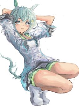 1girl animal_ears arms_behind_head blue_eyes blush breasts choker dress ear_covers flower green_sailor_collar green_shorts grey_hair hair_between_eyes hair_flower hair_ornament hairclip horse_ears horse_girl horse_tail looking_at_viewer open_mouth parted_lips sailor_collar seiun_sky_(reeling_in_the_big_one)_(umamusume) seiun_sky_(umamusume) shoes short_hair shorts simple_background single_ear_cover small_breasts smile solo sunflower sunflower_hair_ornament tail umamusume white_background white_dress yanagi_wakana yellow_choker