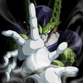 Rule 34 | 1boy, black background, cell (dragon ball), closed mouth, colored skin, dragon ball, dragonball z, green skin, grey skin, highres, kamehameha (dragon ball), majinn48, male focus, simple background, solo, upper body
