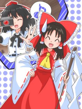 2girls ascot black_bow black_bowtie black_hair bow bowtie brown_hair camera closed_eyes collared_shirt comedic_sweatdrop commentary_request detached_sleeves frilled_bow frilled_hair_tubes frills gohei hair_bow hair_tubes hakurei_reimu hand_on_own_hip hat highres holding holding_camera holding_gohei long_hair multiple_girls musical_note open_mouth pointy_ears puffy_short_sleeves puffy_sleeves red_bow red_skirt ribbon-trimmed_sleeves ribbon_trim shameimaru_aya shirt short_sleeves skirt skirt_set smile spoken_musical_note taking_picture tokin_hat touhou white_shirt yakousei_no_kame yellow_ascot