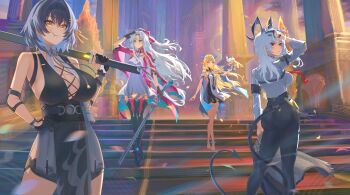 4girls absurdres arm_up armband ass bare_shoulders black_armband black_boots black_dress black_gloves black_hair black_horns black_jacket black_tail blonde_hair blue_eyes boots breasts carlotta_(wuthering_waves) cartethyia_(wuthering_waves) circles_pen closed_mouth colored_inner_hair commentary cross-laced_clothes cross-laced_dress curled_horns demon_tail dress english_commentary female_rover_(wuthering_waves) gloves gun hair_ornament hair_ribbon hairclip hand_on_own_head hand_on_own_hip hand_puppet highres holding holding_gun holding_jacket holding_sword holding_unworn_clothes holding_weapon horns jacket large_breasts looking_at_viewer multicolored_hair multiple_girls necktie pants parallel_hairclips puppet red_eyes red_necktie ribbon rifle rover_(wuthering_waves) shirt_tucked_in sleeveless sleeveless_dress sword tail thigh_boots tight_clothes tight_pants unworn_jacket weapon white_dress white_hair wuthering_waves yellow_eyes yellow_ribbon zani_(wuthering_waves)