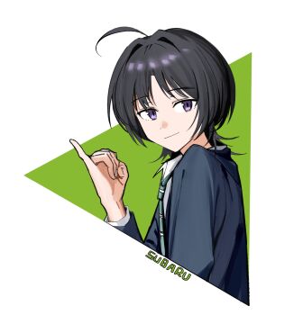 1girl ahoge awa_subaru black_hair blue_jacket character_name commentary girls_band_cry haidao_mao highres jacket long_sleeves medium_hair pinky_out purple_eyes solo symbol-only_commentary upper_body wolf_cut