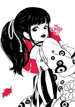 1girl absurdres blunt_bangs closed_mouth commentary_request from_side greyscale_with_colored_background high_ponytail highres japanese_clothes kikunojo_(one_piece) kimono leaf light_smile lips lipstick long_hair looking_at_viewer looking_back makeup monochrome obi one_piece ponytail red_background sash sherumaru_(korcht06) sidelocks signature simple_background sleeves_rolled_up smile solo two-tone_background upper_body white_background