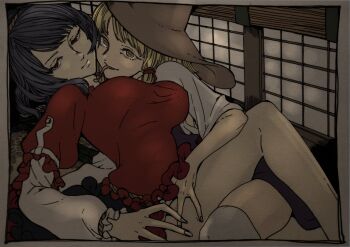 2girls :> architecture black_skirt blonde_hair blue_hair bow breasts brown_headwear curtains east_asian_architecture frilled_shirt frilled_sleeves frills frog_girl hair_bow hand_on_another's_thigh hat highres horizontal_pupils juliet_sleeves large_breasts layered_shirt layered_sleeves licking long_hair long_skirt long_sleeves long_tongue moriya_suwako multiple_girls puffy_long_sleeves puffy_sleeves purple_skirt purple_vest red_bow red_eyes red_shirt rope rope_around_wrist rope_belt shirt sidelocks skirt slit smile sweater thighhighs tongue tongue_out touhou traditional_media turtleneck turtleneck_sweater vest wavy_hair white_shirt white_sweater white_thighhighs whoru window wristband yasaka_kanako yellow_eyes yuri