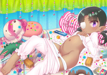 1girl alligator barefoot bead_curtain bed belly black_hair blush bow bow_panties candy cookie crocodilian cup dark-skinned_female dark_skin donut eyepatch feet female_focus food ice_cream isadora_finnsdottir loli lollipop lotte_no_omocha! low_twintails lying mug navel ogata_zen pajamas pajamas_pull panties panty_pull pillow pointy_ears pregnancy_test purple_eyes slit_pupils solo stuffed_toy toes twintails underwear white_panties