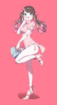 Rule 34 | 1girl, absurdres, alternate costume, black nails, brown hair, china dress, chinese clothes, cleavage cutout, clothing cutout, dress, earrings, flower, full body, green eyes, hair flower, hair ornament, hair ribbon, hand fan, heart, heart cutout, heart earrings, high heels, highres, holding, holding fan, jewelry, kaga nazuna, multicolored hair, niboshidrip, open mouth, paper fan, parted lips, pink background, pink dress, pink hair, pink shoes, puffy short sleeves, puffy sleeves, ribbon, shoes, short dress, short sleeves, simple background, solo, standing, standing on one leg, tassel, twintails, two-tone hair, virtual youtuber, vspo!, x hair ornament
