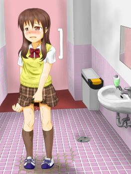 1girl artist_request bathroom blush bow bowtie breasts brown_eyes brown_hair brown_skirt brown_socks character_request clothes_lift copyright_request crying drain_(object) embarrassed faucet kneehighs long_hair mirror open_mouth peeing peeing_self plaid_clothes plaid_skirt puddle red_bow red_bowtie shirt shoes short_sleeves sink skirt skirt_lift small_breasts sneakers soap_dispenser socks sparkle standing sweater_vest tears trash_can wet wet_socks white_shirt white_shoes yellow_sweater_vest