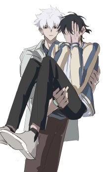 2boys absurdres antenna_hair black_eyes black_hair black_pants black_shirt blue_jacket brown_pants carrying cheng_xiaoshi closed_mouth collared_shirt commentary_request covering_face covering_own_eyes foooo_goo grey_shirt grey_shoes hair_between_eyes highres jacket letterman_jacket long_sleeves looking_at_viewer lu_guang male_focus multicolored_jacket multiple_boys open_clothes open_jacket pants ponytail princess_carry shiguang_dailiren shirt shoes short_hair short_ponytail simple_background standing undershirt watch white_background white_hair white_shirt wristwatch yaoi yellow_jacket