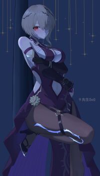 1girl 9_xiansheng_0o0 absurdres arm_under_breasts artist_name black_gloves black_pantyhose breasts brown_hair chinese_commentary cleavage commentary_request covered_navel dress gloves high_heels highres honkai_(series) honkai_impact_3rd large_breasts mole mole_under_eye navel pantyhose purple_dress purple_eyes rita_rossweisse rita_rossweisse_(miss_espionage) short_hair smile solo