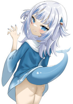 1girl absurdres ass blue_eyes blue_hair blue_nails blush bottomless fins fish_tail gawr_gura hair_ornament highres hololive hololive_english holomyth hood hoodie long_hair looking_at_viewer looking_back multicolored_hair rebelium shark_girl shark_hair_ornament shark_tail sharp_teeth simple_background smile streaked_hair tail teeth twintails virtual_youtuber white_background white_hair